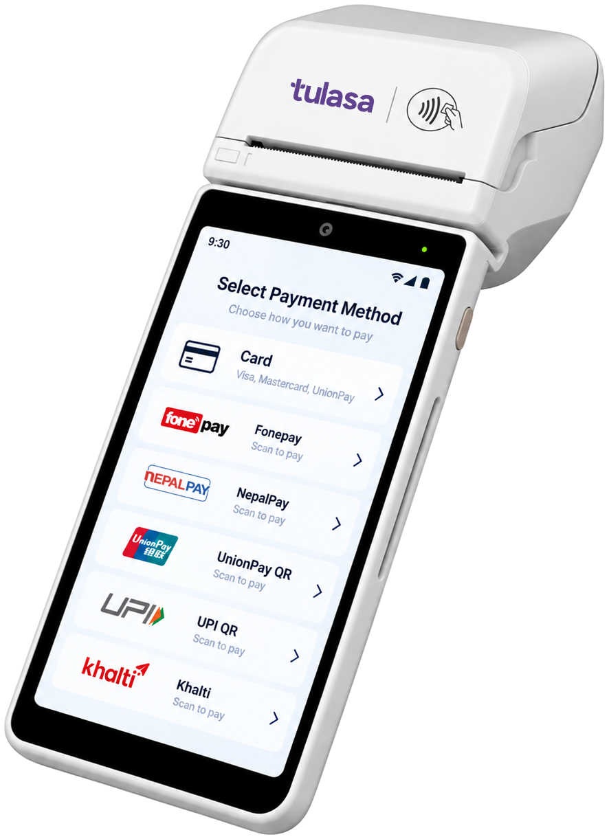 A Tulasa handheld payment terminal with a receipt printer, its screen showing payment methods to choose from: card, Fonepay, NepalPay, UnionPay QR, UPI QR, and Khalti.